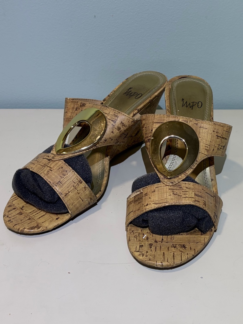 Impo Cork Slide Mules with Bold Gold Accent on Center Front. Size 10